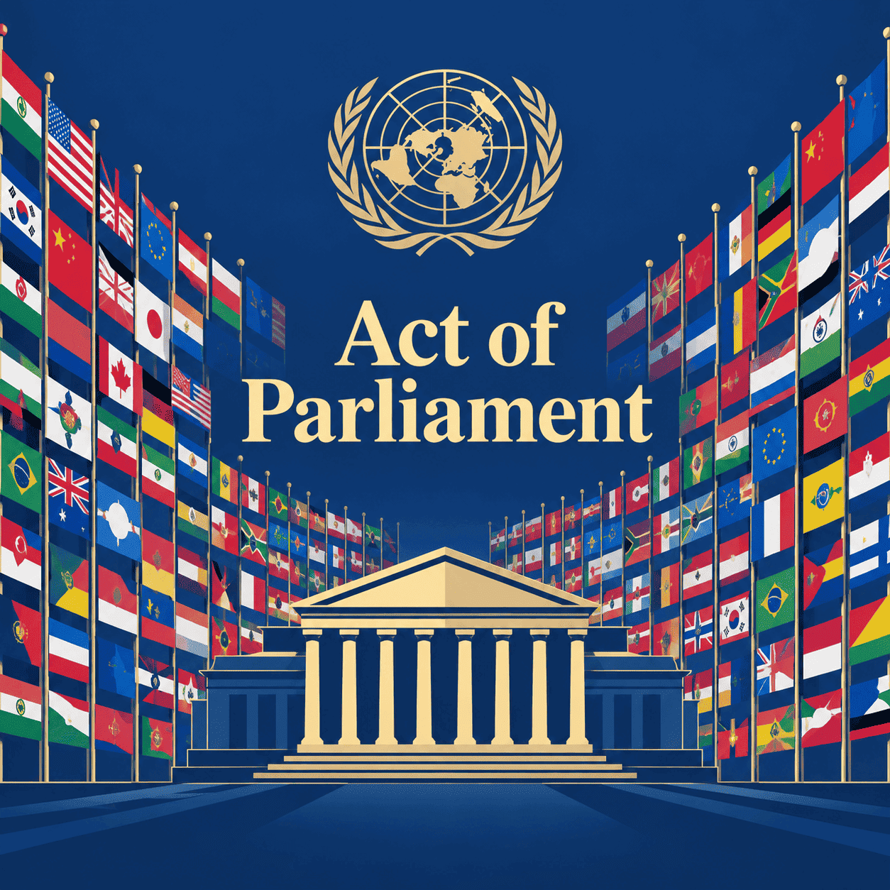 Act of Parliament illustrated with parliamentary architecture and international flags